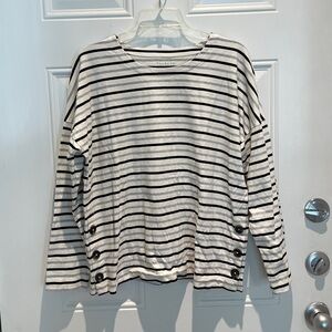 Talbots Black White Striped Cotton Long Sleeve Top Size Petite XL Buttons Gray